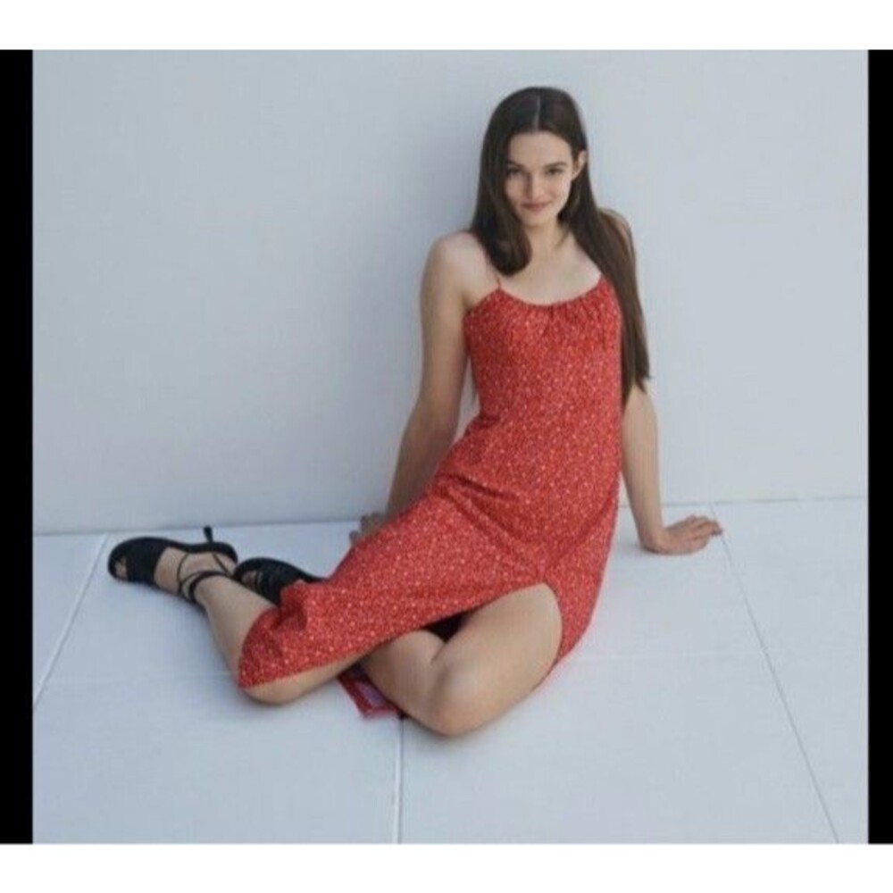 Zara XXL Dress Red Floral Midi Ditsy Side Slit Red Sleeveless Peasant Cottage - Picture 3 of 11